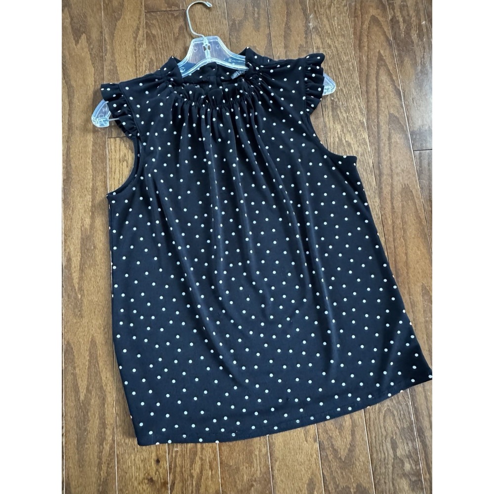 💙Adrianna Papell Top Womens Sz Small Black White Polka‎ Ruffle Mock Neck Tank
